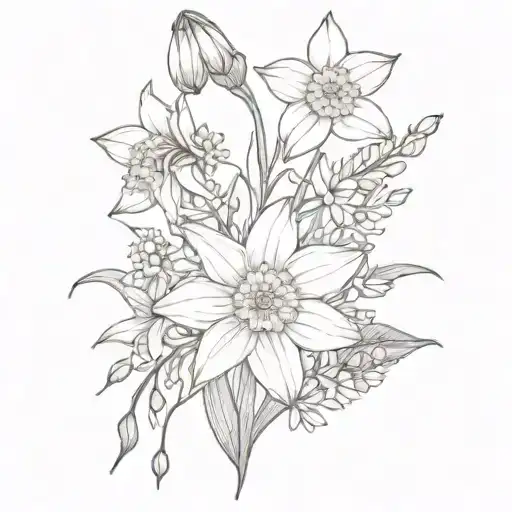 delphinium, Daffodils, daisy bouquet fine line tattoo design idea
