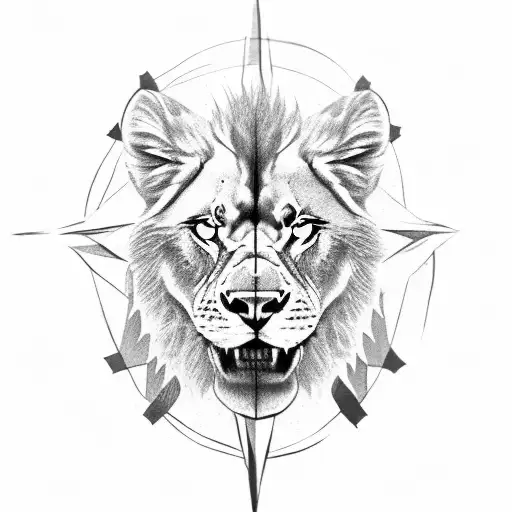 lone wolf, beside a lion with a compass tattoo design idea