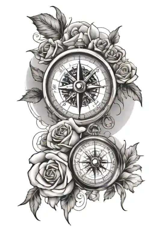 Compass with roses and clouds fire rain tattoo design idea
