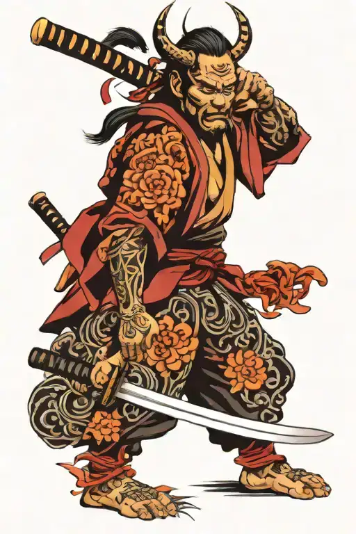Samurai with oni mask holding katana tattoo design idea