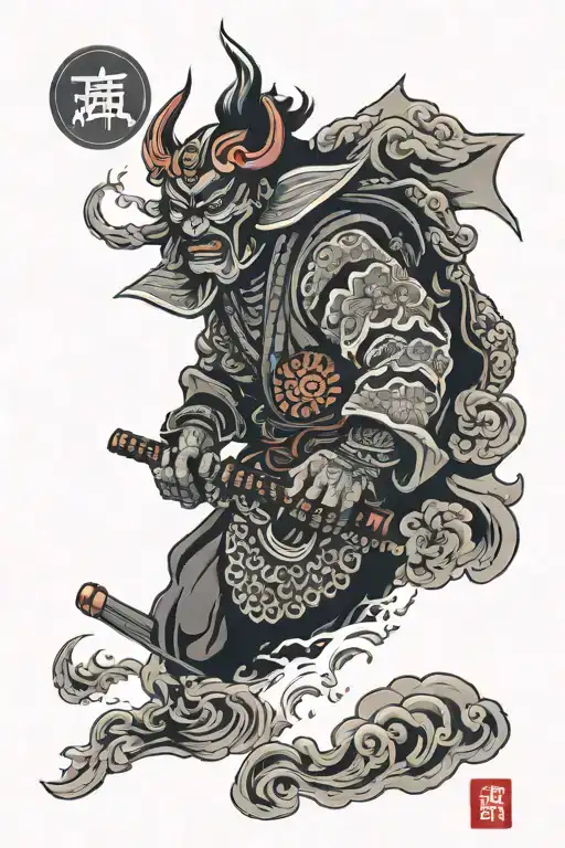 Samurai with oni mask tattoo design idea