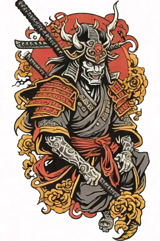 Samurai with oni mask tattoo design idea