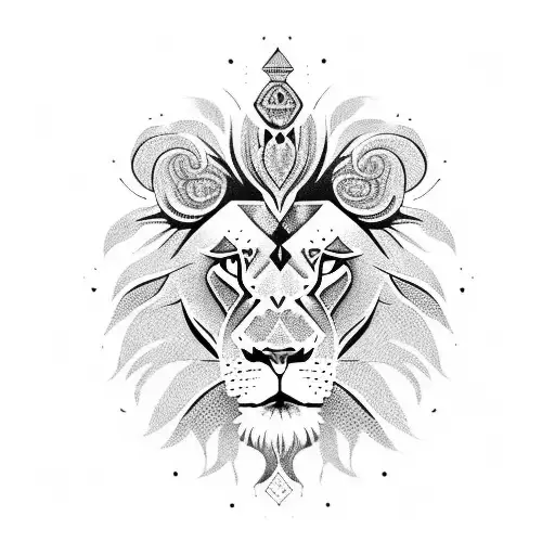 A lion's head surrounded by tribal patterns, representing strength and family unity tattoo design idea