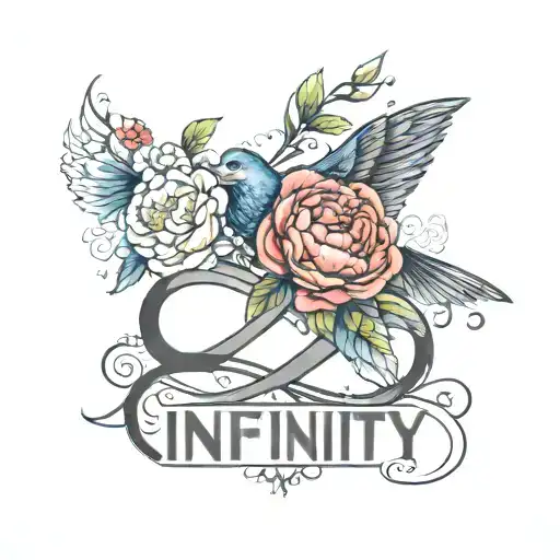 infinity inscription Love, bird with peony flower inside tattoo design idea