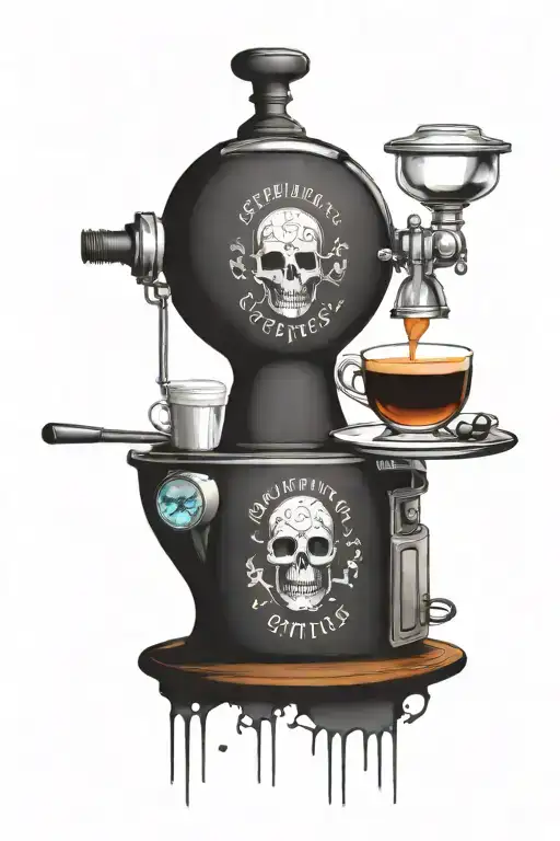 speciality coffee conceptual tatoo including portafilter and chemical structure of caffeine tattoo design idea