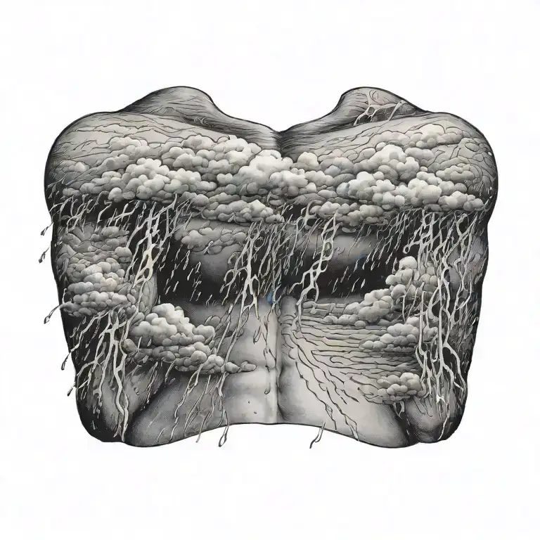 rain with cloud tattoo has left side is half circle boundry shape of pectoral muscle. tattoo design idea