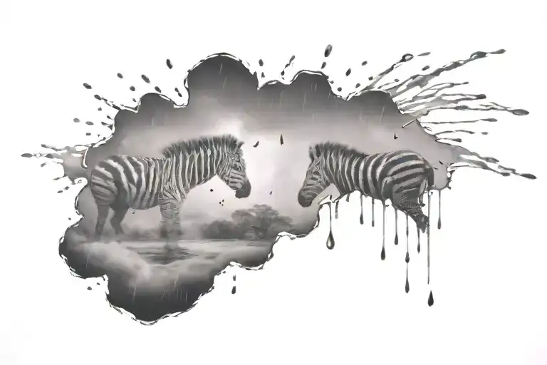 zebra patterned rain and rain cloud tattoo with some drops in the shape of a heart tattoo design idea