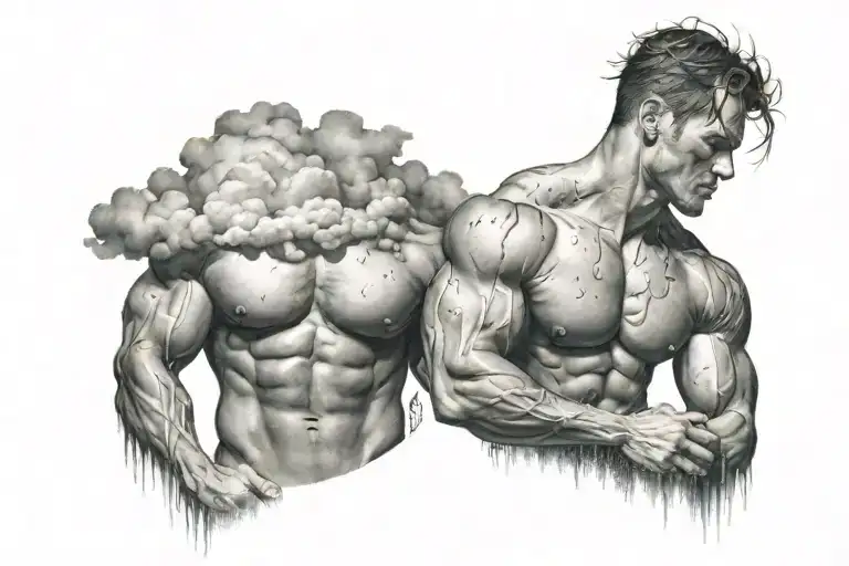 rain with cloud tattoo has left side is half circle boundry shape of pectoral muscle. tattoo design idea