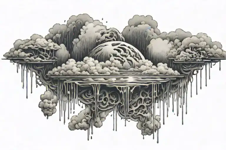 rain with cloud tattoo has left side is half circle boundry shape of pectoral muscle. tattoo design idea