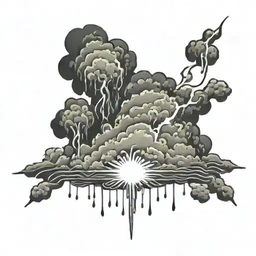 An intricate design of a storm cloud with lightning bolts and rain pouring out, covering your entire left chest and shoulder area tattoo design idea