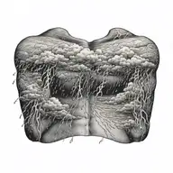 rain with cloud tattoo has left side is half circle boundry shape of pectoral muscle. tattoo design idea