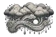 rain with cloud tattoo has left side is half circle boundry shape of pectoral muscle. tattoo design idea