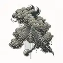 An intricate design of a storm cloud with lightning bolts and rain pouring out, covering your entire left chest and shoulder area tattoo design idea