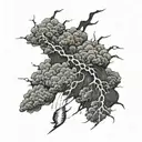 An intricate design of a storm cloud with lightning bolts and rain pouring out, covering your entire left chest and shoulder area tattoo design idea