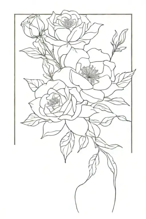Rose, Honeysuckle, Larkspur, Waterlily Bouquet tattoo design idea