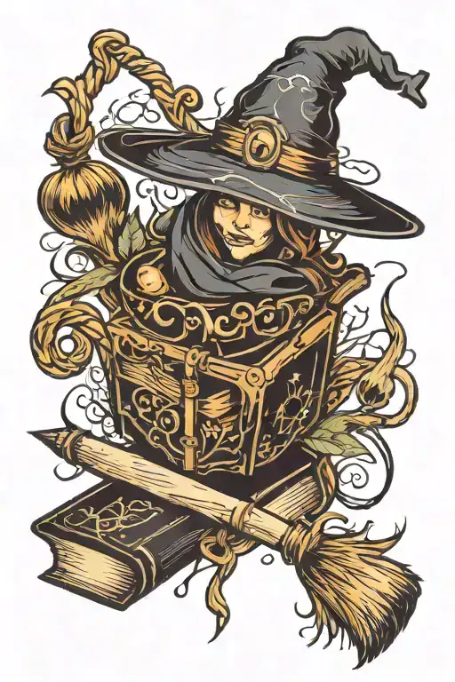 witch broom, spell book, witch hat tattoo design idea