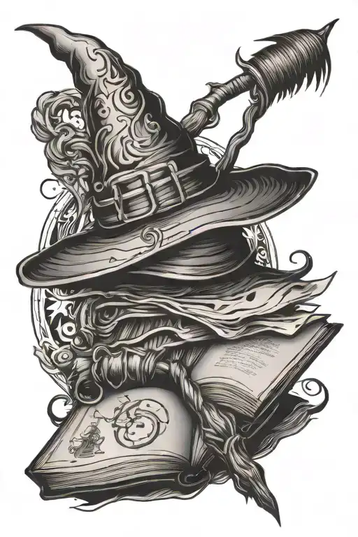 witch broom, spell book, witch hat tattoo design idea