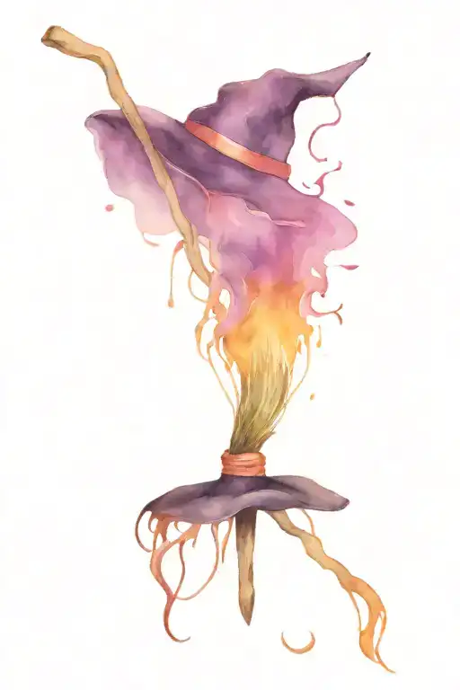 witch broom, spell book, witch hat tattoo design idea