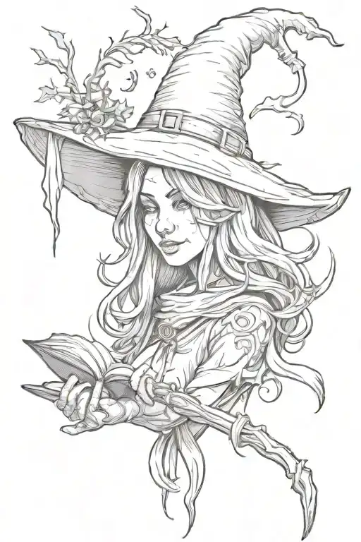 witch broom, spell book, witch hat tattoo design idea