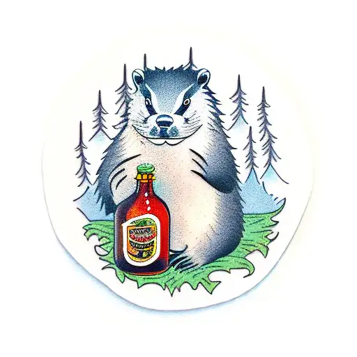 A beaver holding a bbq sauce bottle in the forest tattoo design idea
