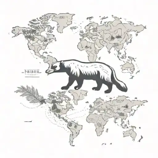 A honey badger exploring a world map, with different tea leaves and wine glasses marking places visited tattoo design idea