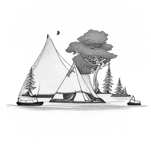 island camping with tent and canoe  tattoo design idea