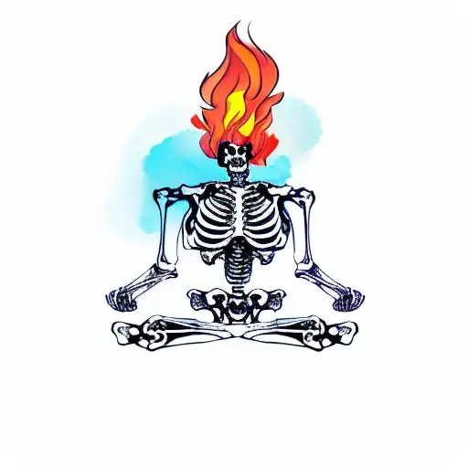 skeleton in yoga pose on fire tattoo design idea