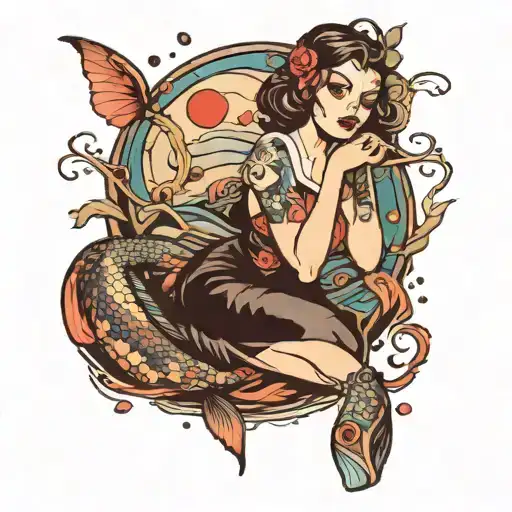 strange women lying in ponds tattoo design idea