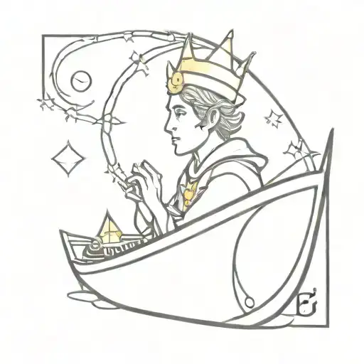 elf  with glowing crown on a boat   tattoo design idea