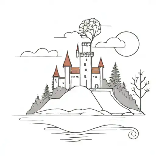 castle on an island with red cedar tree branches tattoo design idea