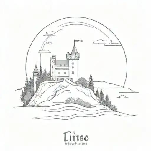 Irish castle on an island with a western red cedar tree  tattoo design idea