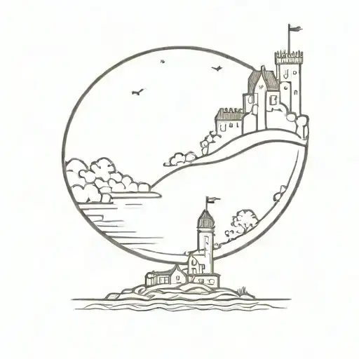 Irish castle on an island with a row boat  tattoo design idea