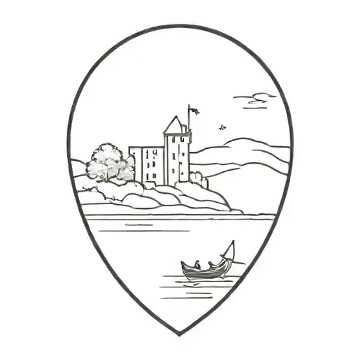 Irish castle on an island with a row boat  tattoo design idea