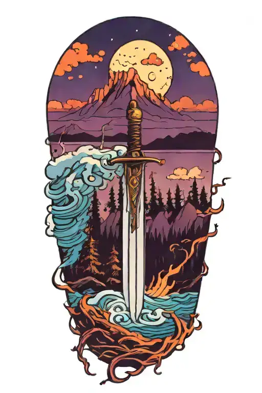 arm in water with sword, at twilight, background, mountains, moon, clouds, trees, color blue purple orange tattoo design idea