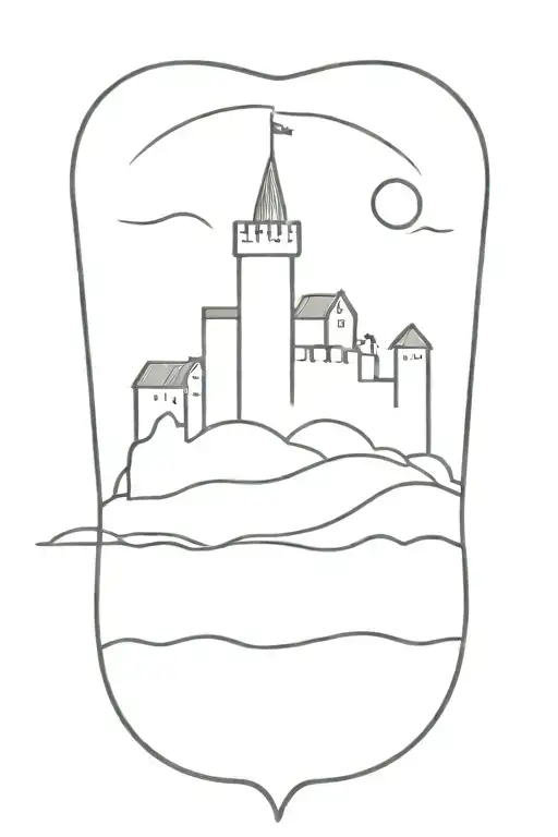 Irish castle on an island with a row boat  tattoo design idea