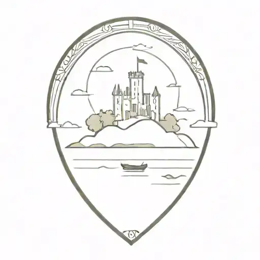 Irish castle on an island with a row boat  tattoo design idea