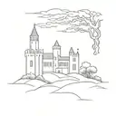 Irish castle on an island with a western red cedar tree  tattoo design idea