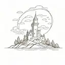 Irish castle on an island with a western red cedar tree  tattoo design idea
