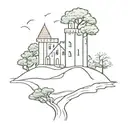 Irish castle on an island with a western red cedar tree  tattoo design idea