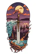 arm in water with sword, at twilight, background, mountains, moon, clouds, trees, color blue purple orange tattoo design idea