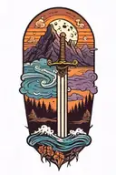 arm in water with sword, at twilight, background, mountains, moon, clouds, trees, color blue purple orange tattoo design idea