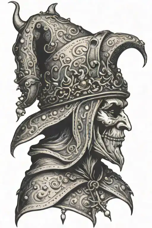 hanged court jester without face and skulls looking in front tattoo design idea