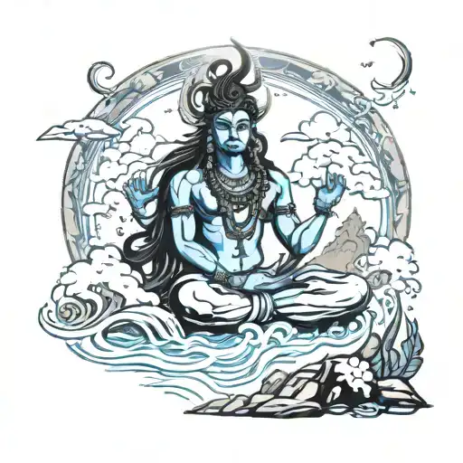 Shiva sits on the mountain and streams of water flow down from his jets tattoo design idea