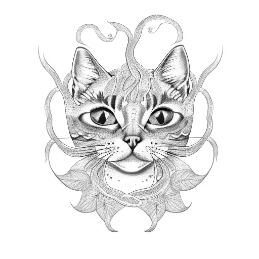 A dotwork tattoo of a cat with a tail made of twisting vines and leaves tattoo design idea
