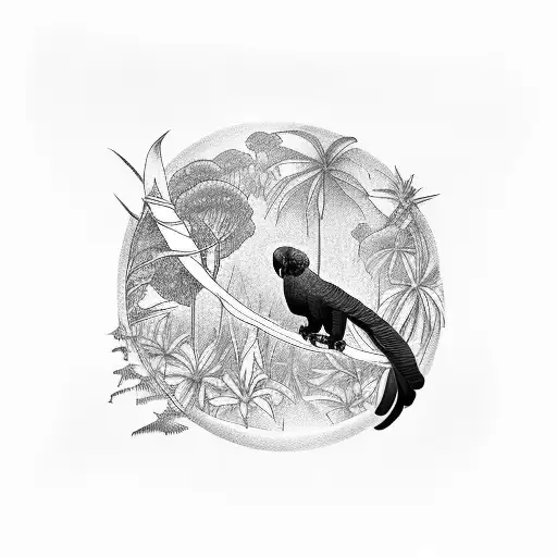 A tattoo design of a black cockatoo flying over a landscape of Australian flora and fauna tattoo design idea