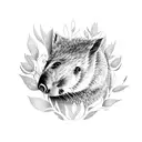 A blackwork tattoo of a wombat peeking out from behind a bush of Australian wildflowers tattoo design idea