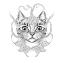 A dotwork tattoo of a cat with a tail made of twisting vines and leaves tattoo design idea