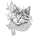 A dotwork tattoo of a cat with a tail made of twisting vines and leaves tattoo design idea