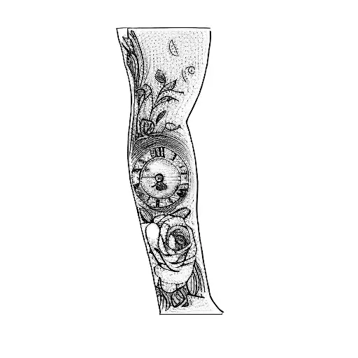 a clock and roses tattoo design idea