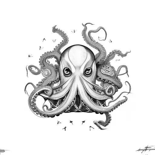 A basketball hoop made of psychological symbols with an octopus dunking the ball tattoo design idea